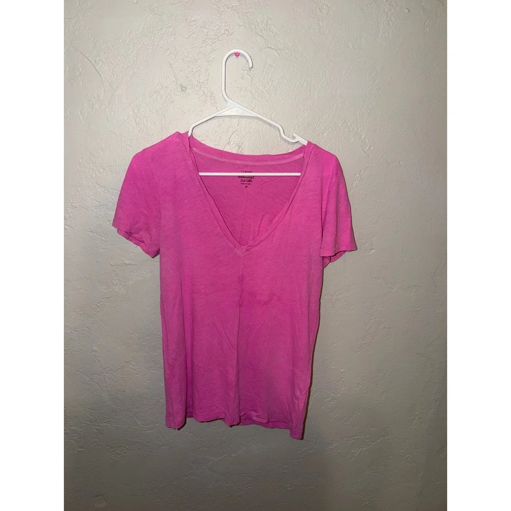 J.Crew Womens Featherweight Slub Cotton V-Neck Tee Hot Pink Short Sleeve Shirt M